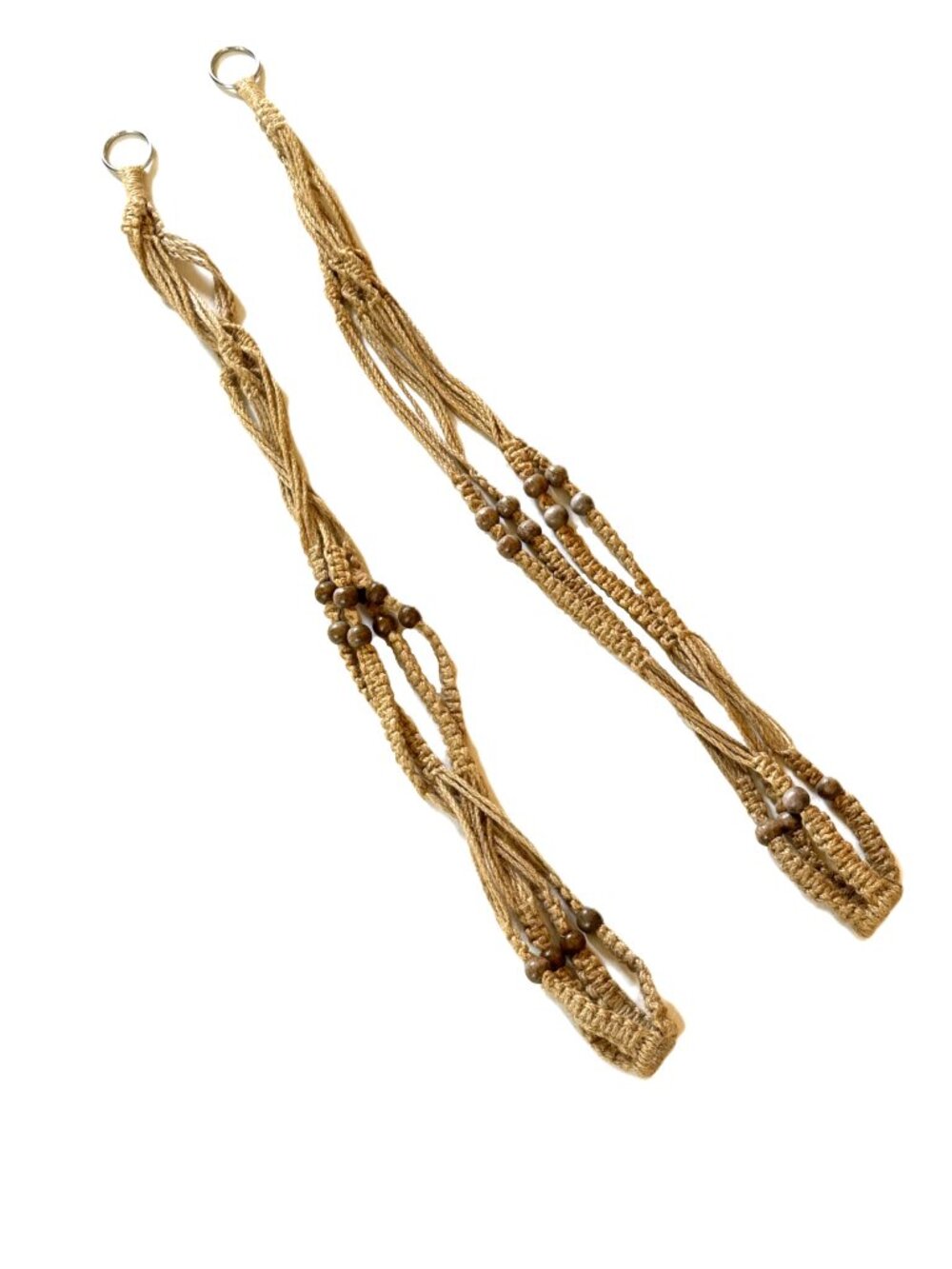 2 Vintage 70s MCM Jute Rope Woven Macrame Plant Holders 35" Wood Beads Natural